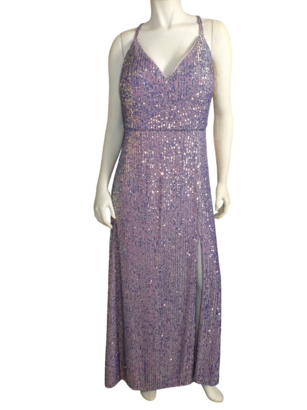 new MORGAN & CO Maxi Dress/Gown, 20W, Rose/Lilac sequins, Long Slit, Sp Straps